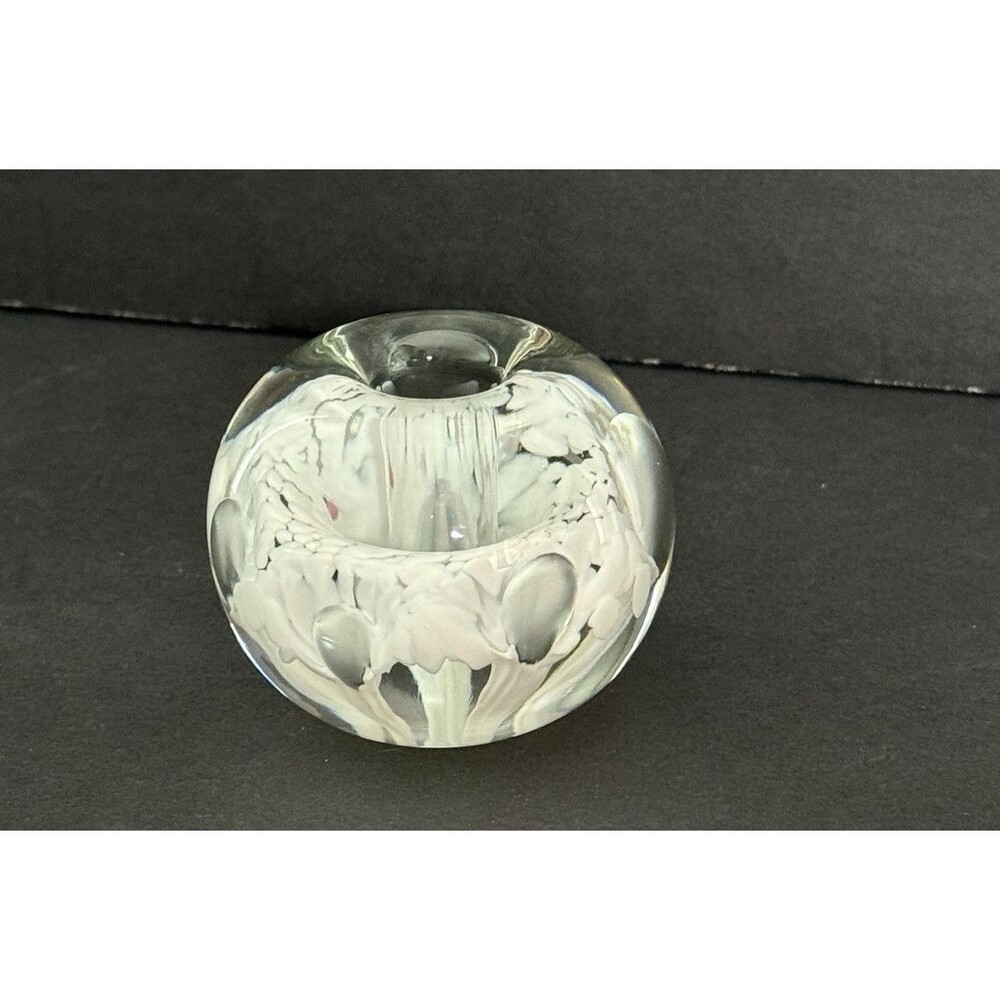 Vintage Art Glass White Frit Flower Pen Holder Paperweight Clear Glass